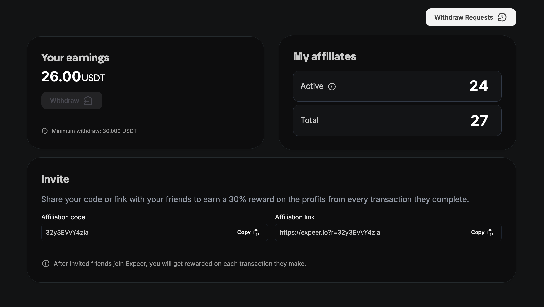 Expeer affiliates dashboard showing commission tracking and referral management